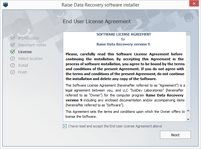 acuerdo de licencia de usuario final en instalador del software raise data recovery