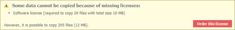 warning some data can't be copied because of missing licenses