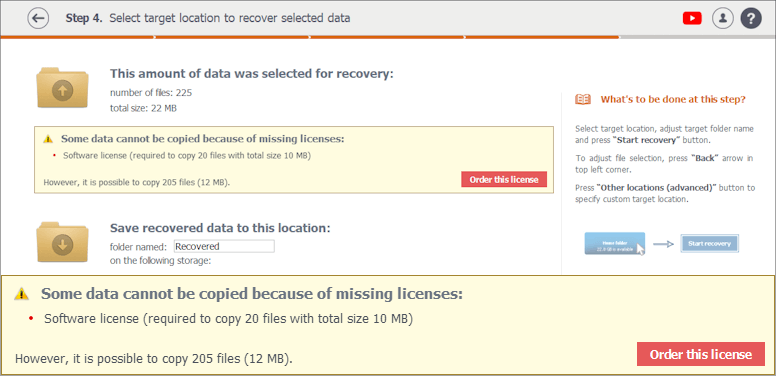 popup message informing about lack of licenses for copying files