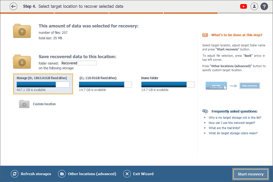 Speicherauswahl zum Speichern der nach Datenrettung von externer Festplatte erhaltenen Dateien