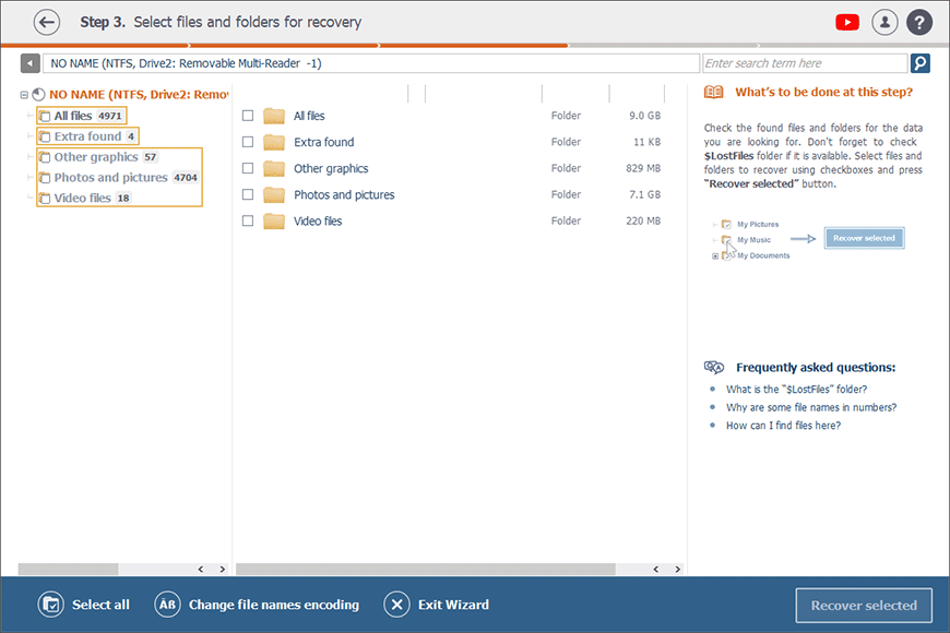 Ergebnis des Speicherkartenscans in Benutzeroberfläche von Raise Data Recovery