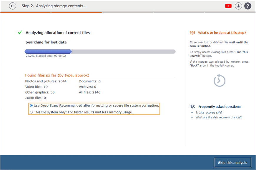 Zwei Scan-Modi zur Auswahl in der Software Raise Data Recovery