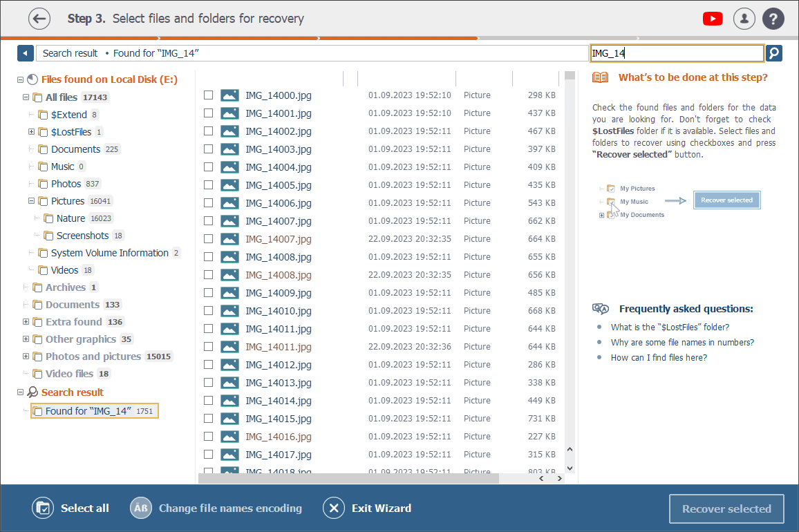 Dateisuchfeld im Datei-Explorer der Software Raise Data Recovery