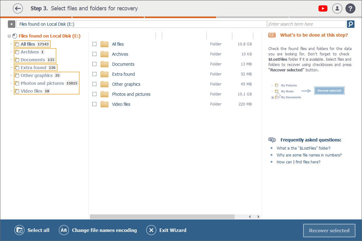 Dateien, die nach Typ klassifiziert und entsprechenden Ordnern von Raise Data Recovery zugewiesen sind