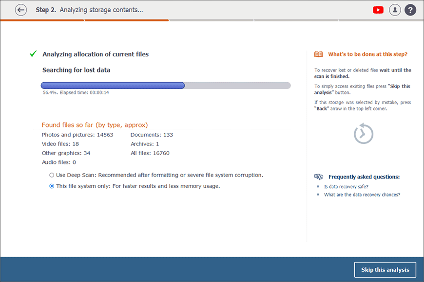 Bildschirm des laufenden Scans in Benutzeroberfläche von Raise Data Recovery