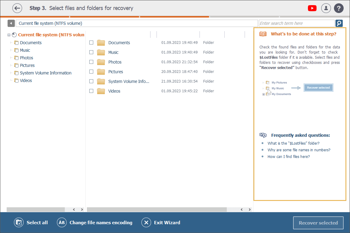 help pane with tips and faq links for step 3 of data recovery procedure in raise data recovery program interface