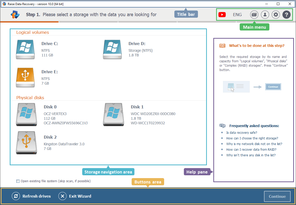 raise data recovery software main interface elements