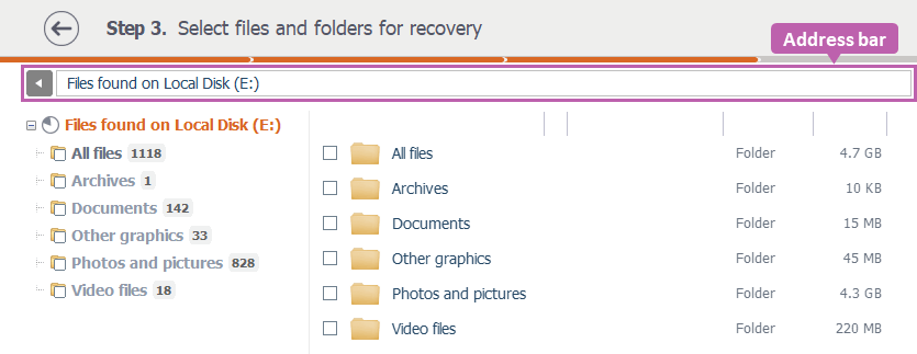 address bar in the upper part of explorer window in raise data recovery software