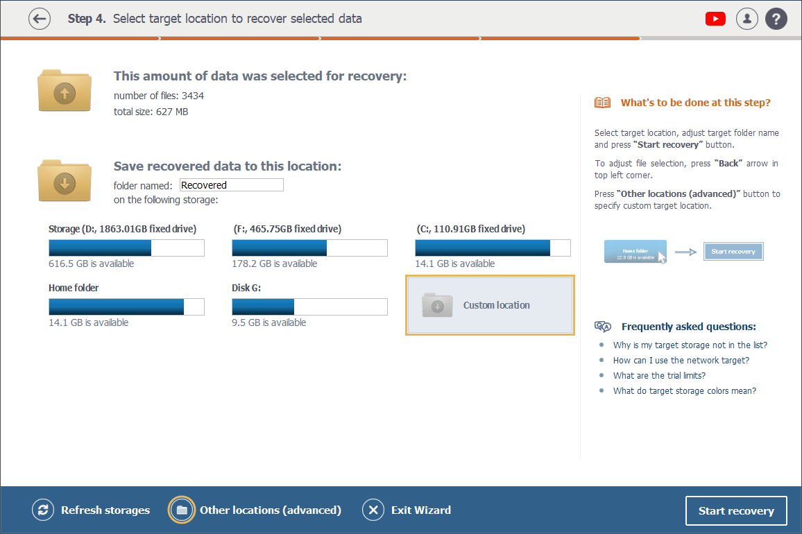 custom location option on step 4 of recovery procedure in raise data recovery program