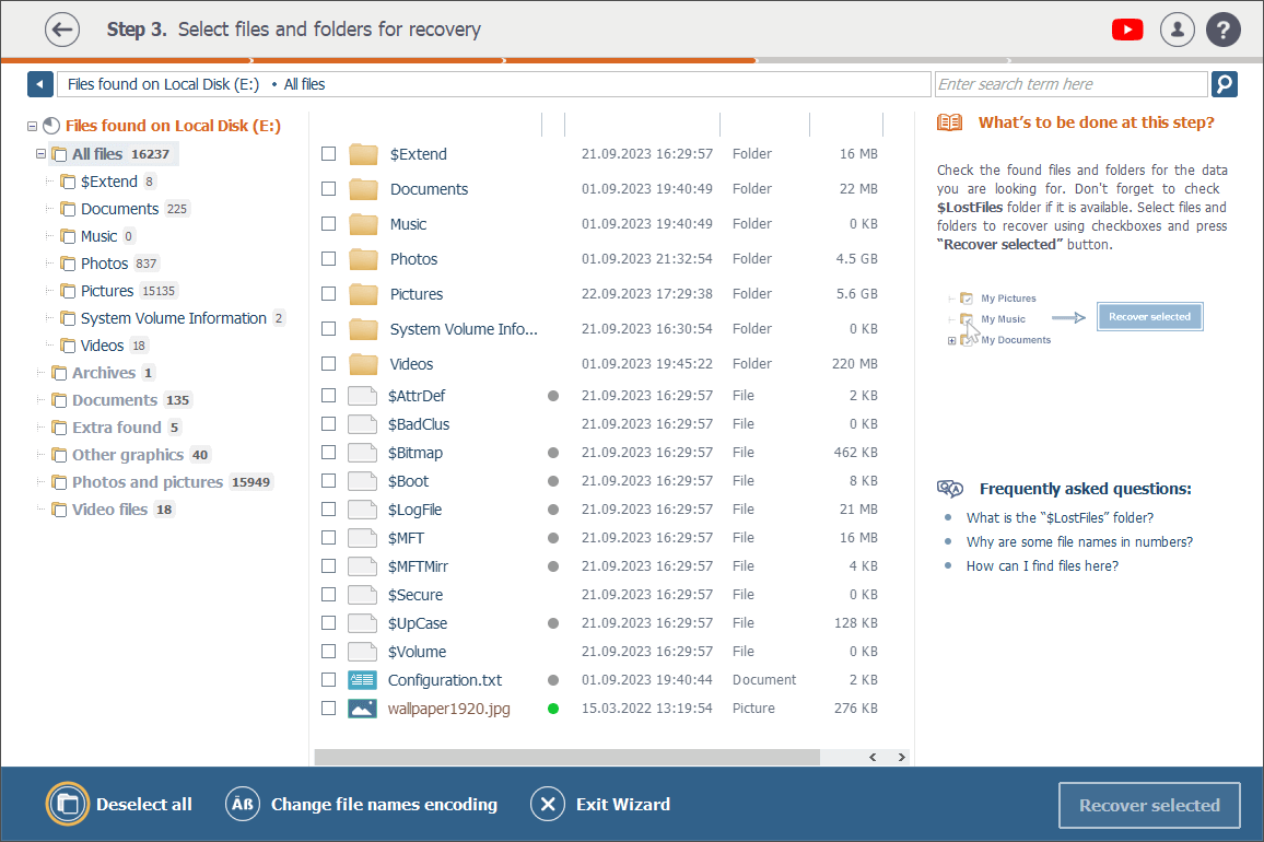 select all option changed to deselect all at the bottom of explorer window in raise data recovery program