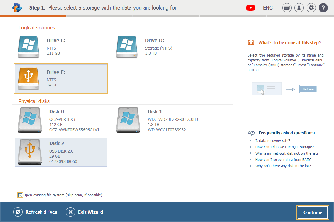 selecting drive in logical volumes tab of raise data recovery program main window