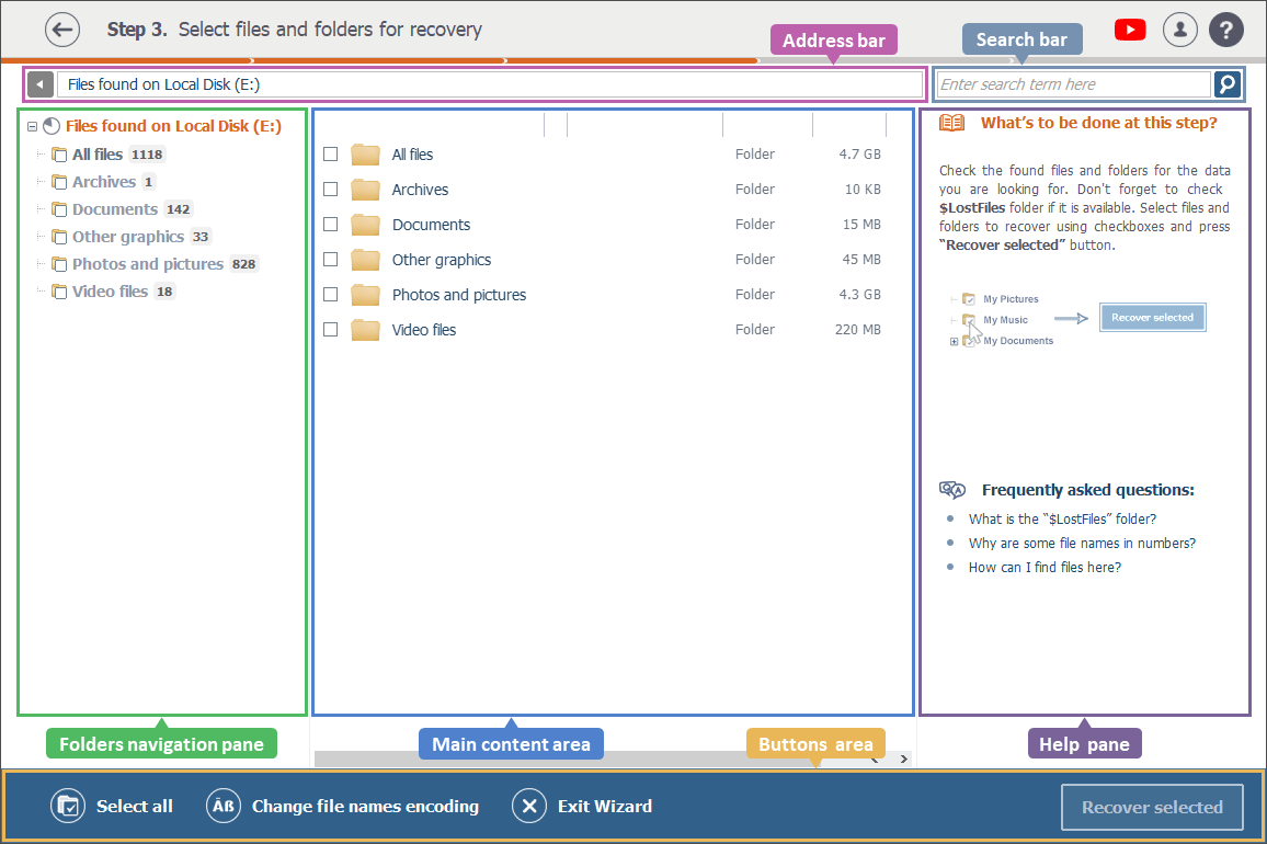 elements of explorer window in raise data recovery software