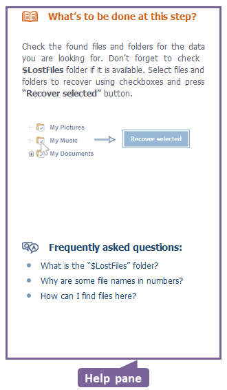 help pane in the right part of explorer window in raise data recovery program