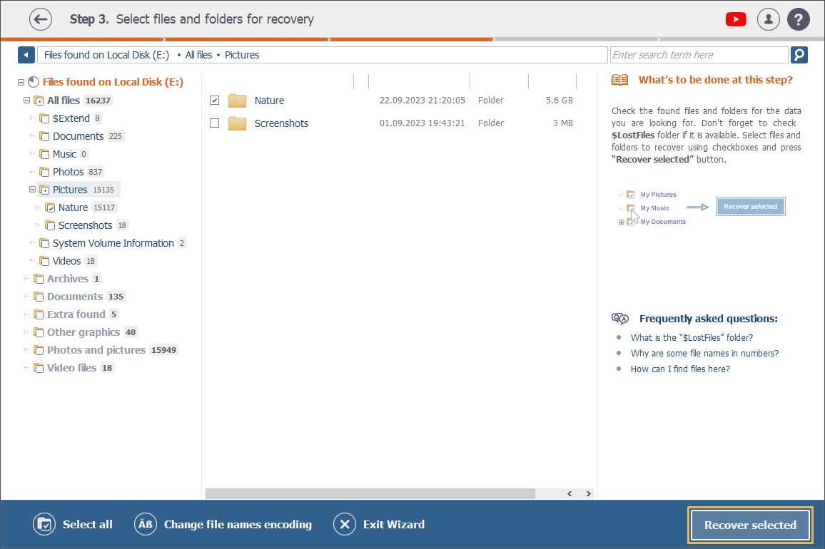 recover selected button in the bottom right corner of explorer window in raise data recovery program