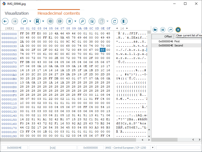 clear current list option at top of all marked positions list panel in hexadecimal viewer of raise data recovery