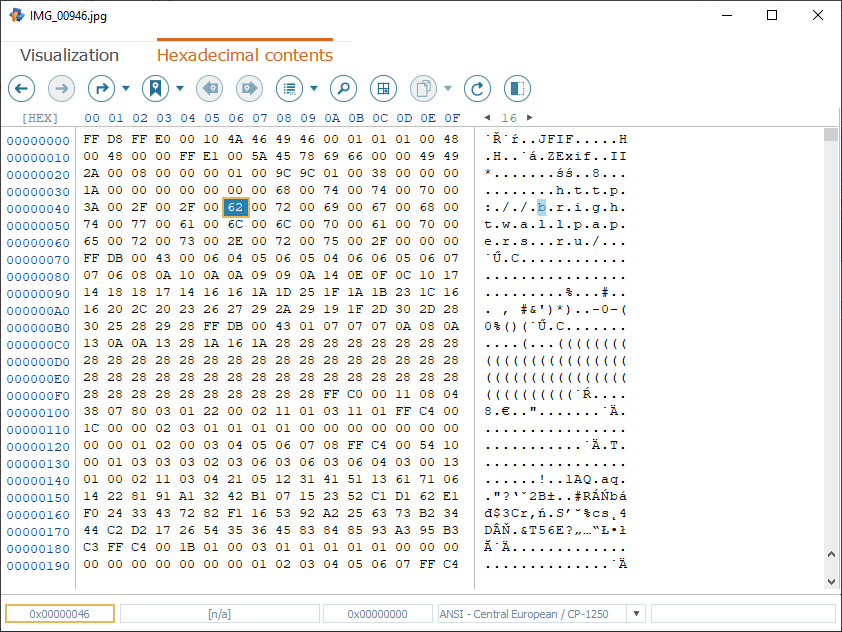 current cursor position highlighted in main content area of hexadecimal viewer in raise data recovery program