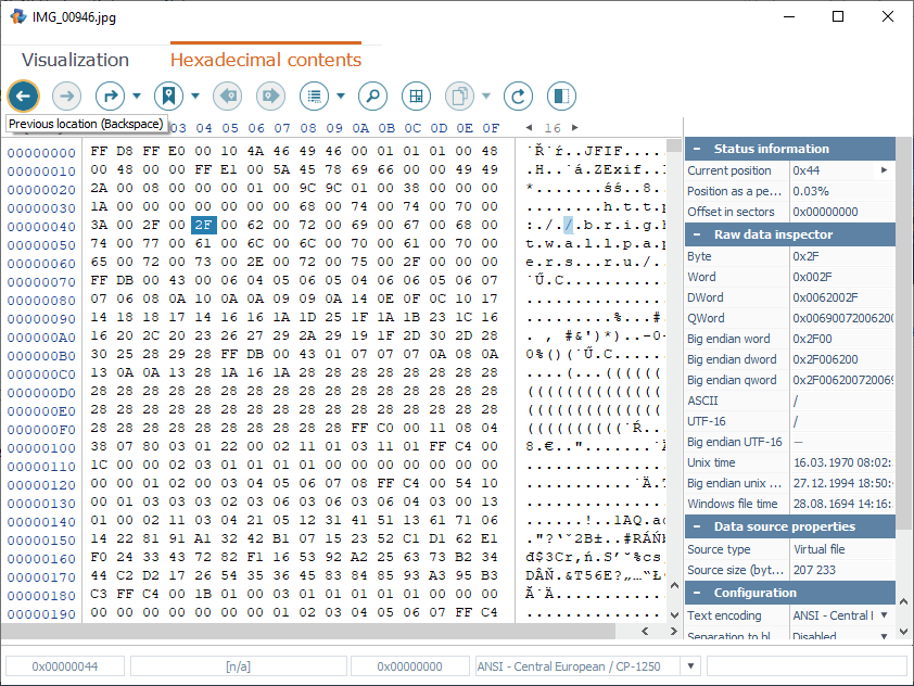 previous location function of hexadecimal viewer main toolbar in raise data recovery program