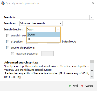 dropdown list of search direction parameter in specify search parameters window in hexadecimal viewer of raise data recovery