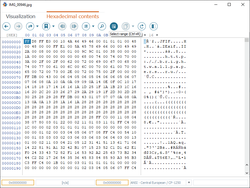 select range function of hexadecimal viewer main toolbar in raise data recovery software