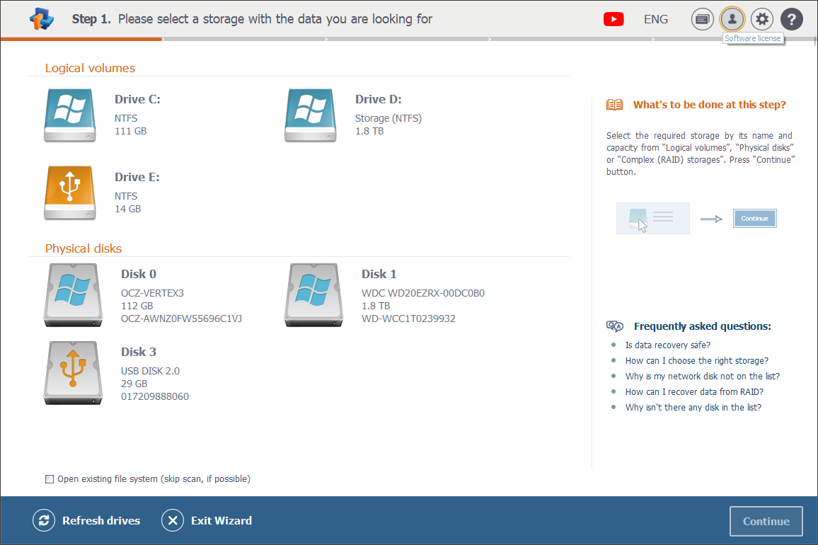 activated license indicated in right-side panel opened with software license button in upper right corner of raise data recovery program interface