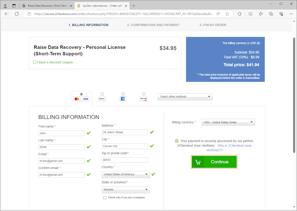 billing form on program purchase page of sysdev laboratories company official website