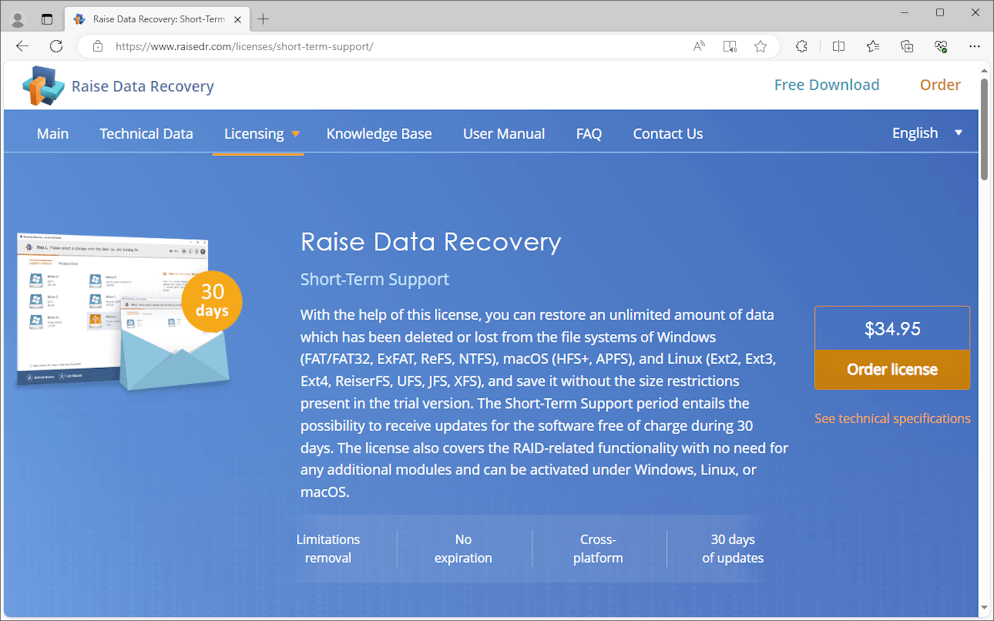 windows support license page of raise data recovery software website