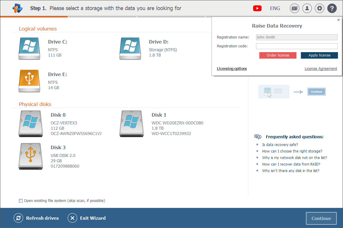 no active licenses in right-side panel opened with software license button in upper right corner of raise data recovery program interface