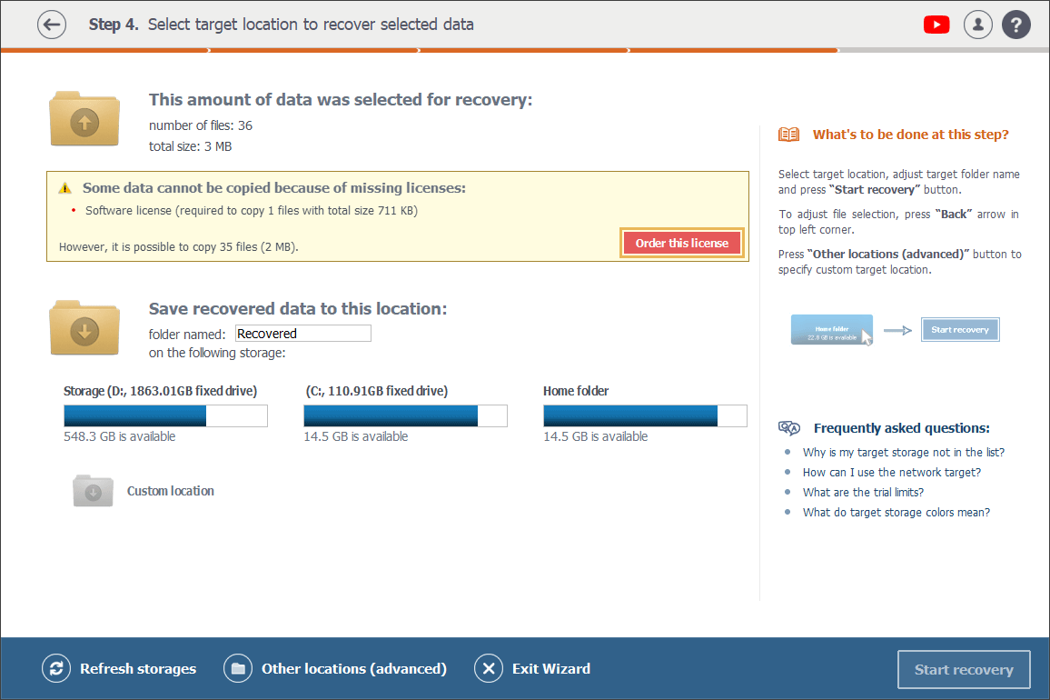 order this license button in trial software version warning message in raise data recovery program interface