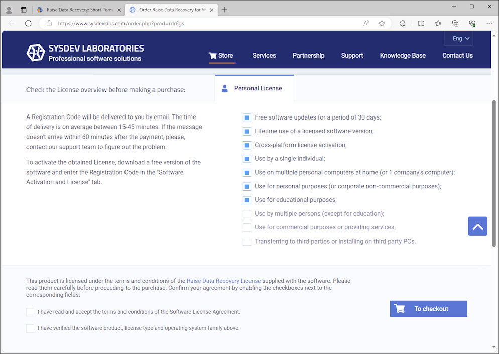 list of personal license features on raise data recovery program order page of sysdev laboratories official website