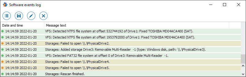 notification and warning messages listed in main content area of software events log window in raise data recovery program