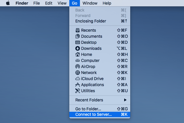 connect to server option in go menu in macOS finder