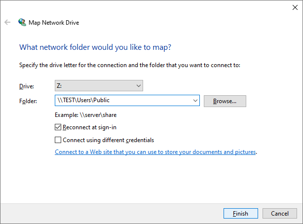 selecting network folder to map in map network drive window of windows os