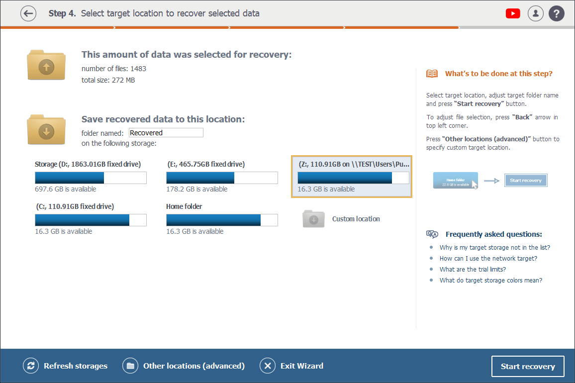 network storage on target location selection step of recovery procedure in raise data recovery program