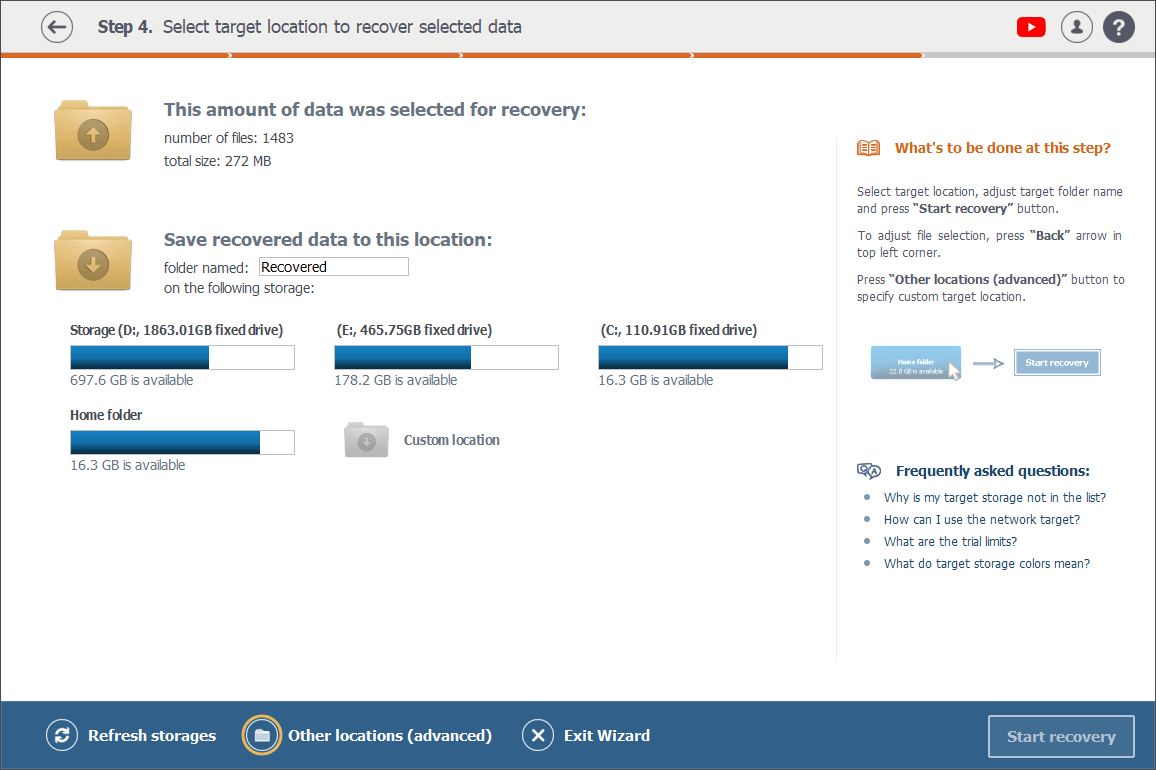 other locations option on step 4 of recovery procedure in raise data recovery program