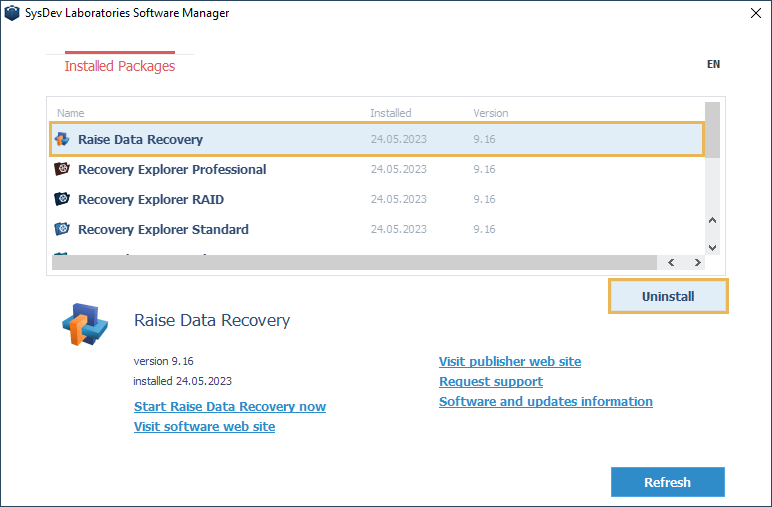 uninstall button in sysdev laboratories software manager utility window