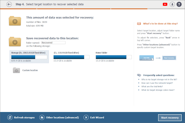 Wahl des Zielspeichers für wiederhergestellte Daten in Raise Data Recovery