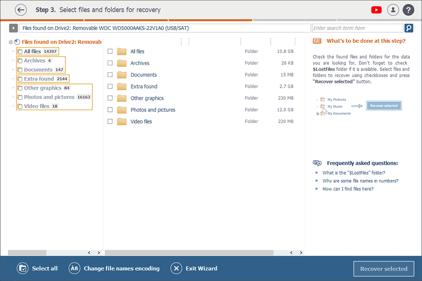 carpetas del resultado de escaneo después de restaurar datos del disco duro externo