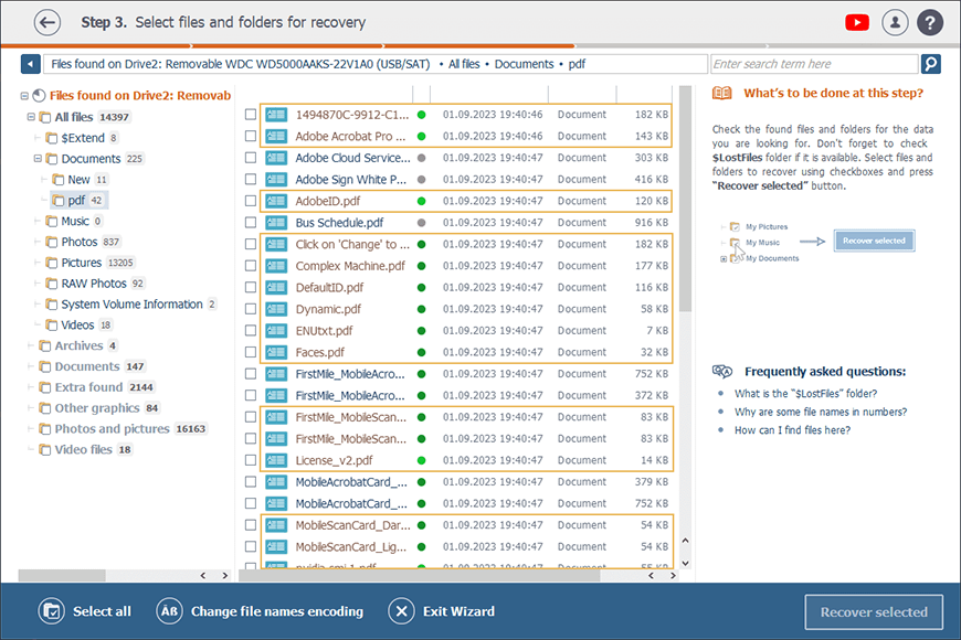 nombres de archivos recuperados marcados en diferente color en raise data recovery