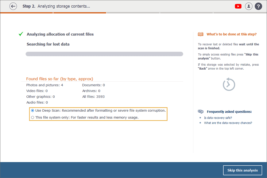 dos modos de escaneo de elección en interfaz de raise data recovery interface