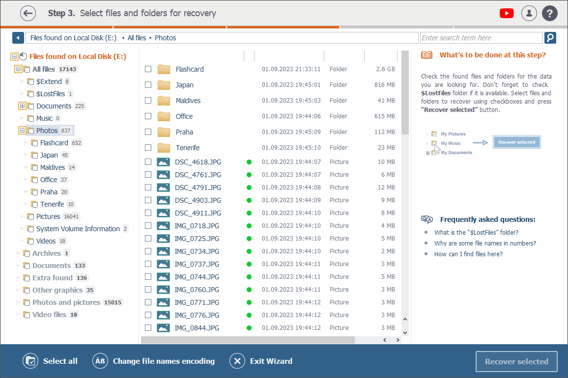 ficheros agrupados en carpetas en resultado de escaneo en raise data recovery