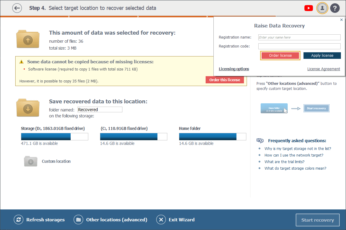 botón ordenar licencia en ventana de activación de licencia en raise data recovery