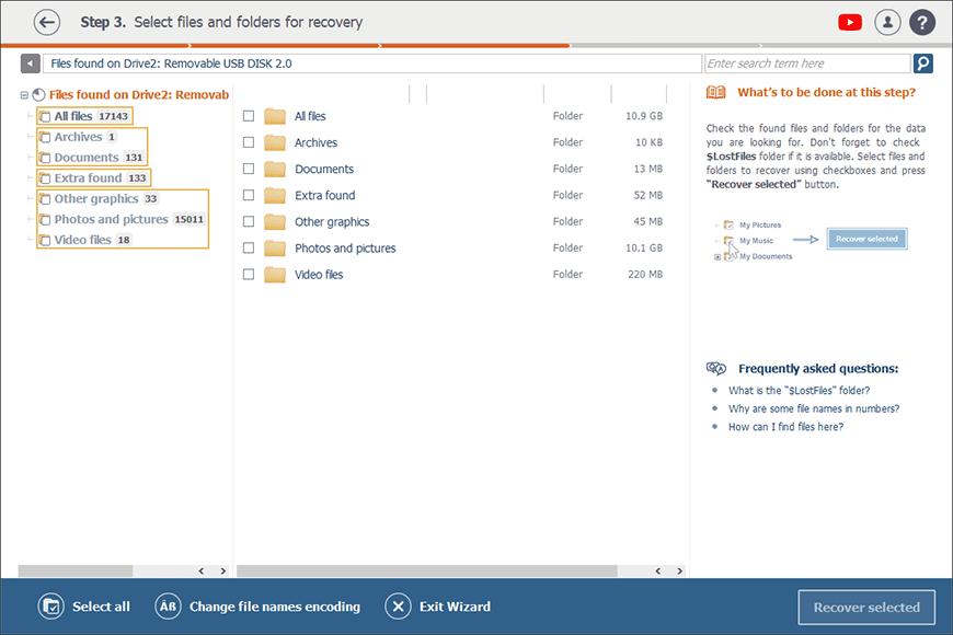 resultado del escaneo de unidad flash USB en interfaz de raise data recovery