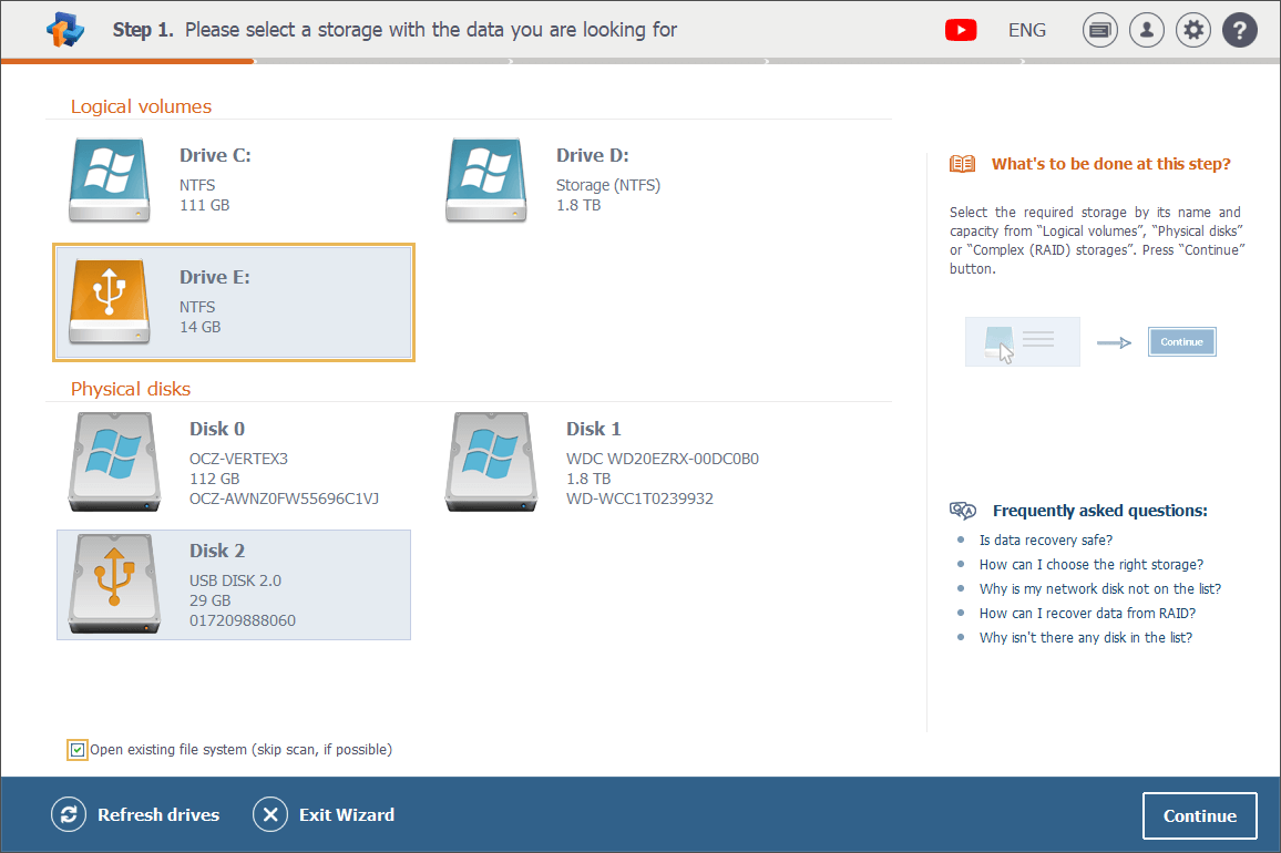 area of detected storages in raise data recovery program interface