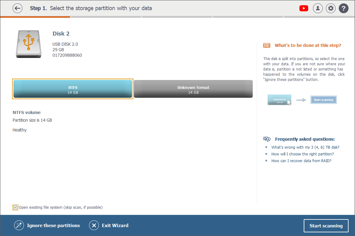 selecting physical disk partition to view in raise data recovery program interface