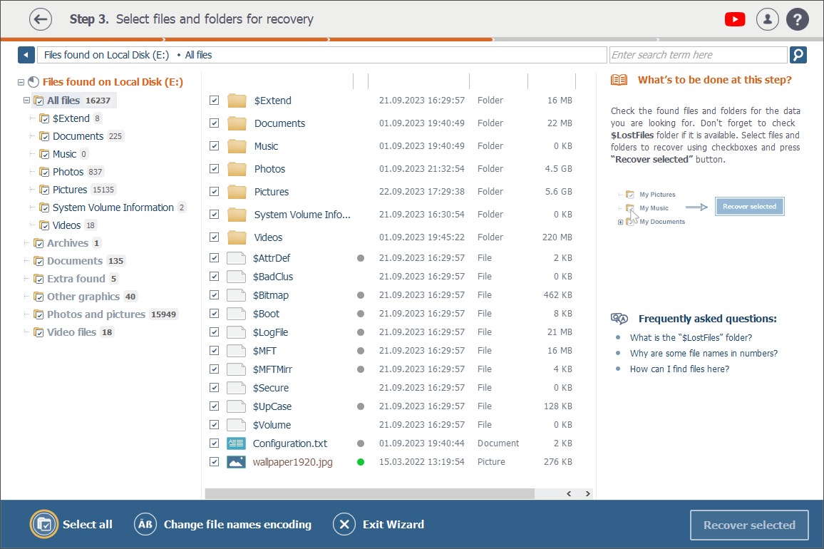 select all option at the bottom of explorer window in raise data recovery program