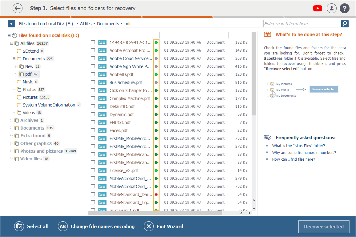 circular icons in different colors indicating object status in explorer window in raise data recovery program