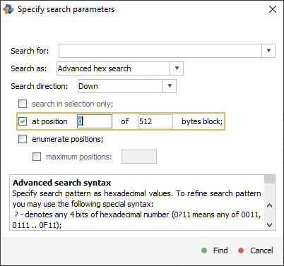 at position parameter in specify search parameters window in hexadecimal viewer of raise data recovery