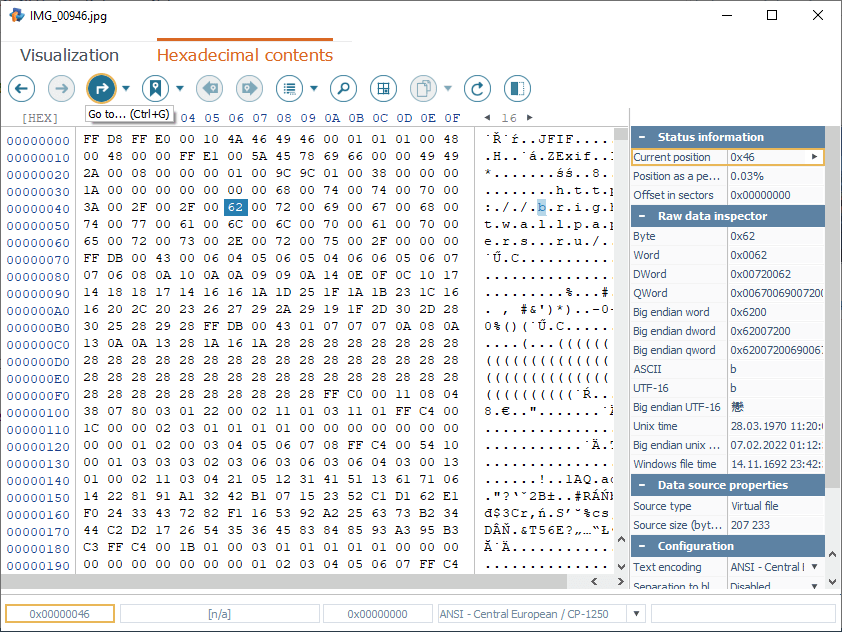 go to option in hexadecimal viewer in raise data recovery program