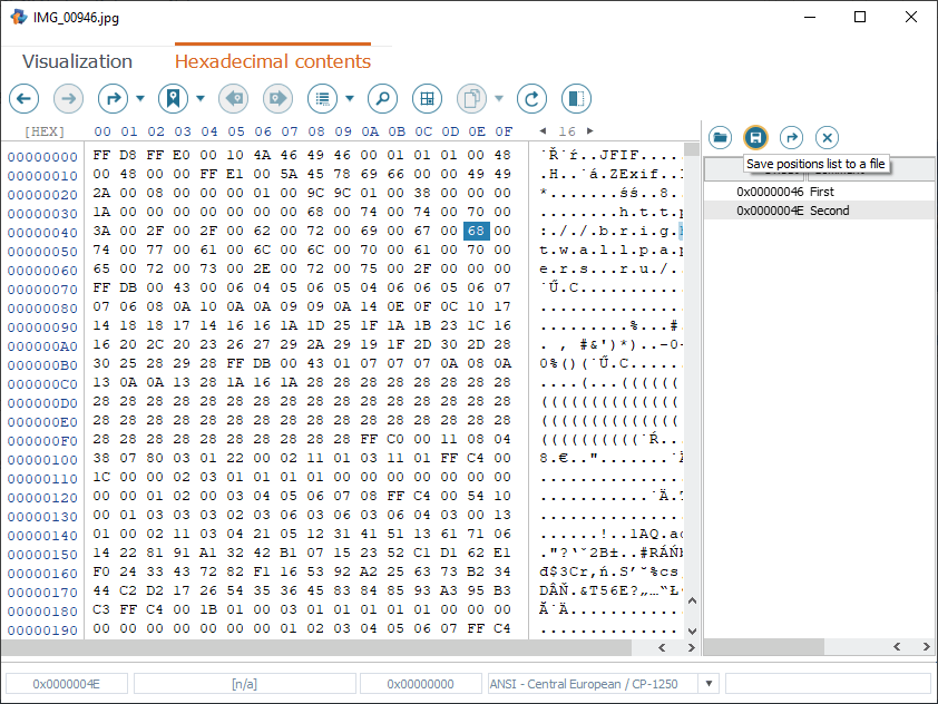 save positions list option at top of all marked positions list panel in hexadecimal viewer of raise data recovery