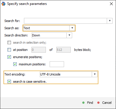 text search setting parameters in specify search parameters window in hexadecimal viewer of raise data recovery